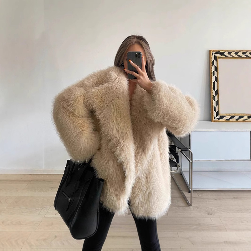 European and American Autumn and Winter New Lapel Fur Outwear Women's Artificial Fur Jacket Loose Korean Style Mid-Length Outwear Women's Clothing