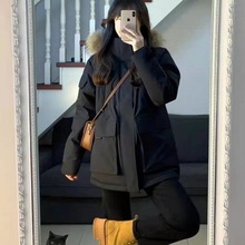 黑色连帽毛领工装棉服外套女冬季2023新款美式复古宽松加厚棉衣潮
