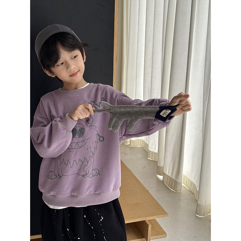 新款儿童时尚2025秋季童装胸前童趣印花小众长袖宽松日常套头卫衣|undefined
