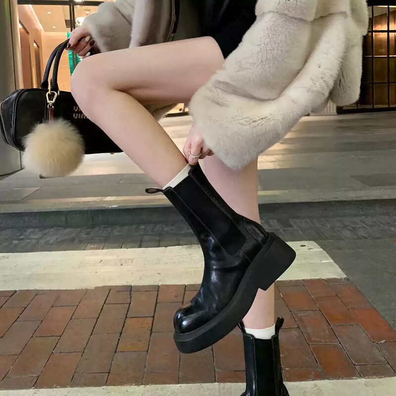 Cowhide Version ~ Thick Heel Thick Sole British Style Chelsea Boots Women's Short Boots Genuine Leather Pleated Chimney Boots Mid-Calf Boots