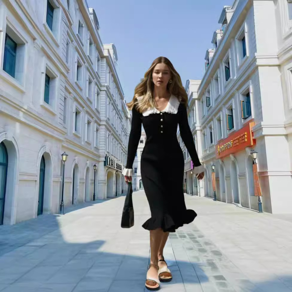 2024 Autumn/Winter New Commuting Ladies' Ruffle Knitted Dress_voghion.com