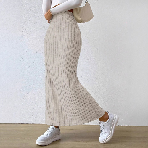 2025 Western European Cross-Border Spring New High-Waisted Knit Mini Skirt with Side Slit Long Dress for Women