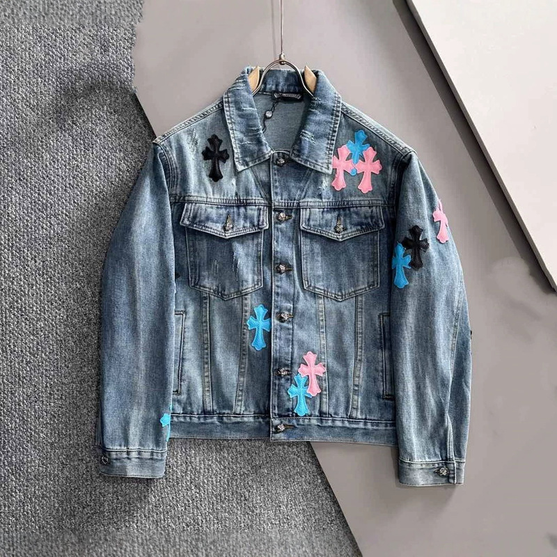 In-Stock High-Quality Replica of the Same Style as Kaws, Colorful Cross Patch Leather Vintage Distressed Washed Denim Jacket