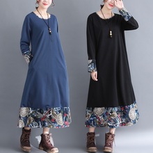 2023秋季民族风复古印花拼接宽松长款棉麻连衣裙