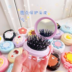 Cute folding comb with fairy makeup mirror, portable air cushion head massage comb, cartoon plastic airbag small comb