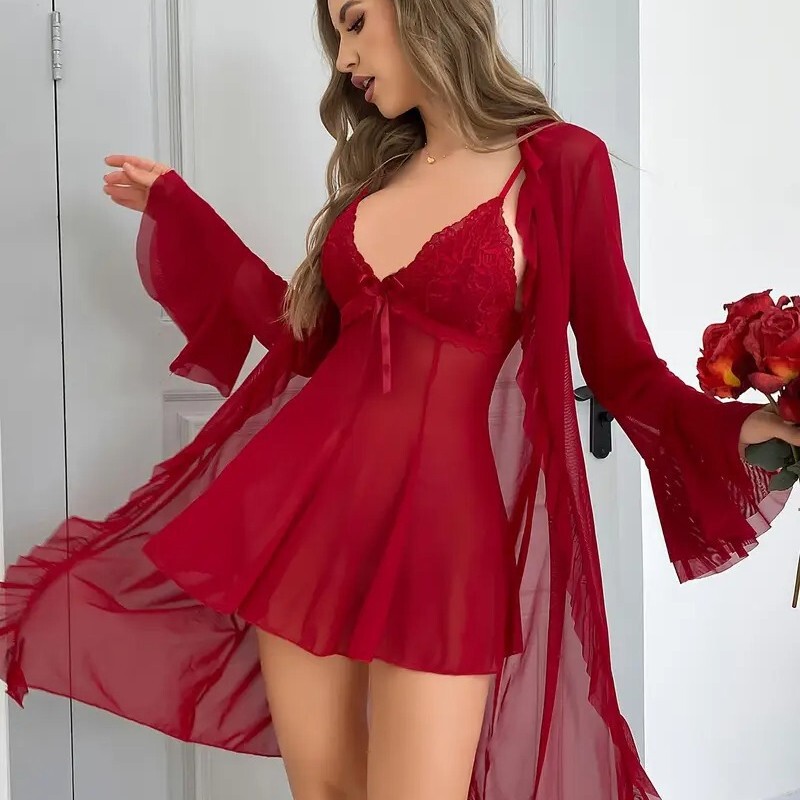 Cross-Border Foreign Trade Women's Comfortable Mesh Loungewear Deep V See-Through Robe Sexy Camisole Nightgown Set Custom-Made Cross-Border Foreign Trade Women's Comfortable Mesh Loungewear Deep V See-Through Robe Sexy Camisole Nightgown Set Custom-Made