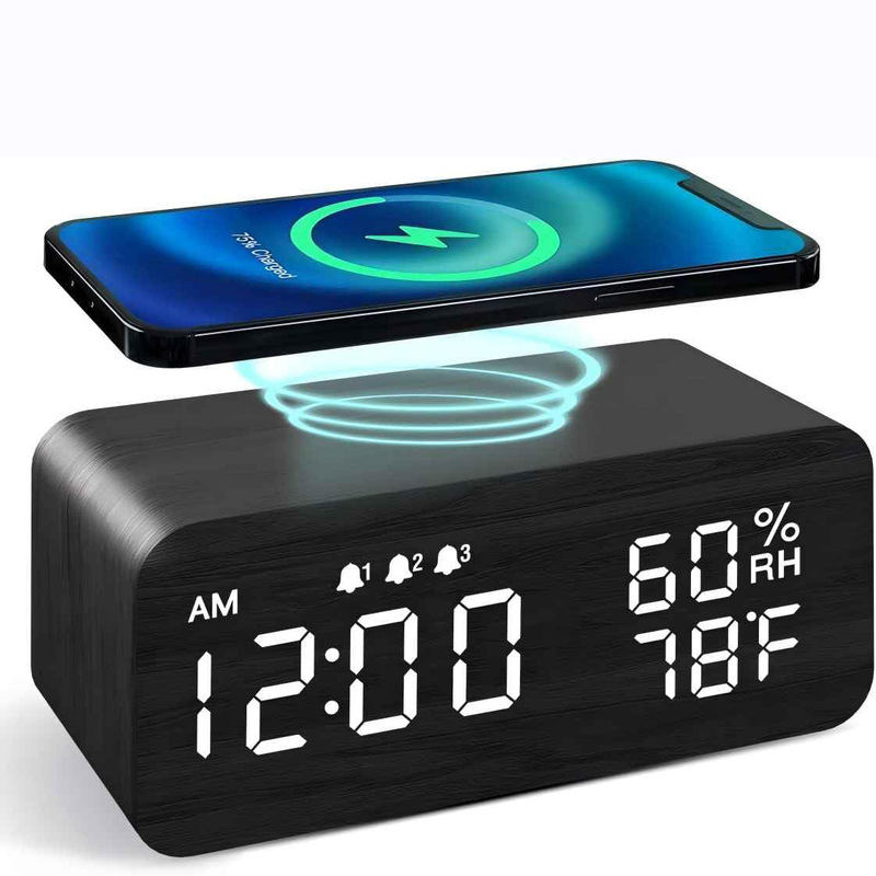 スマート LED 木製ワイヤレス充電目覚まし時計クリエイティブデジタルベッドサイド小型目覚まし時計学生特別な発光木製時計|undefined