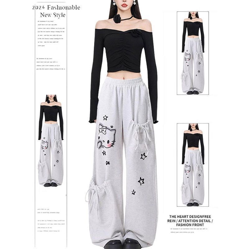 Hellokitty Cat Print Gray Casual Pants for Women, Spring, Summer, Autumn, Loose Fit, Slimming Wide-Leg Floor-Length Pants for Students