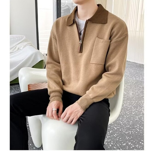 high quality Men's 25 Spring Design Sense Shirt Collar Fake Two-piece Sweater Korean Casual Base V-neck Sweater