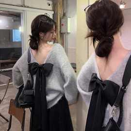 纯色蝴蝶结装饰后背丝带毛衣女可爱绒毛边长袖秋冬针织衫日常穿搭