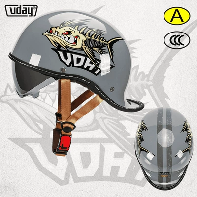 motorcycle warped half helmet men's | Motosiklet kaskı (dəbilqə) - bright-gray-beast-fish-m-head-circumference-52-54cm-transparent-black-tea-lenses