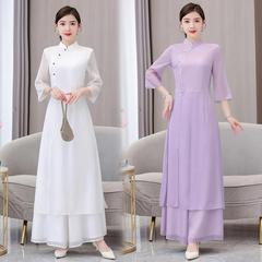 9074改良漢服の女性の国風のスーツの新しい中国式のボタンの上着の禅服のチャイナドレスのワンピースの唐服のお茶の服の夏