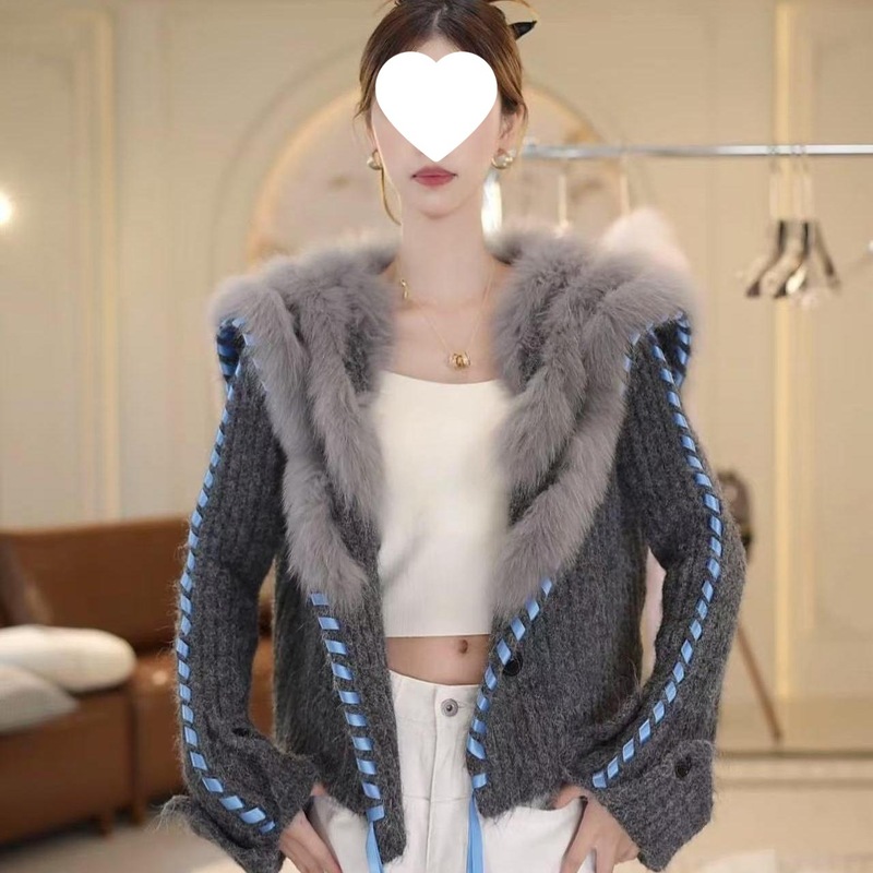2025秋冬新款海军领毛衣皮草外套女短款拼接狐狸毛毛开衫飘带款|undefined