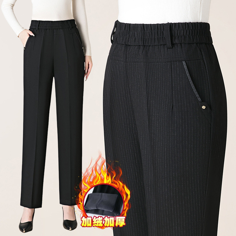 妈妈直筒裤秋冬季新款加绒加厚高腰休闲裤宽松中老年女裤大码长裤