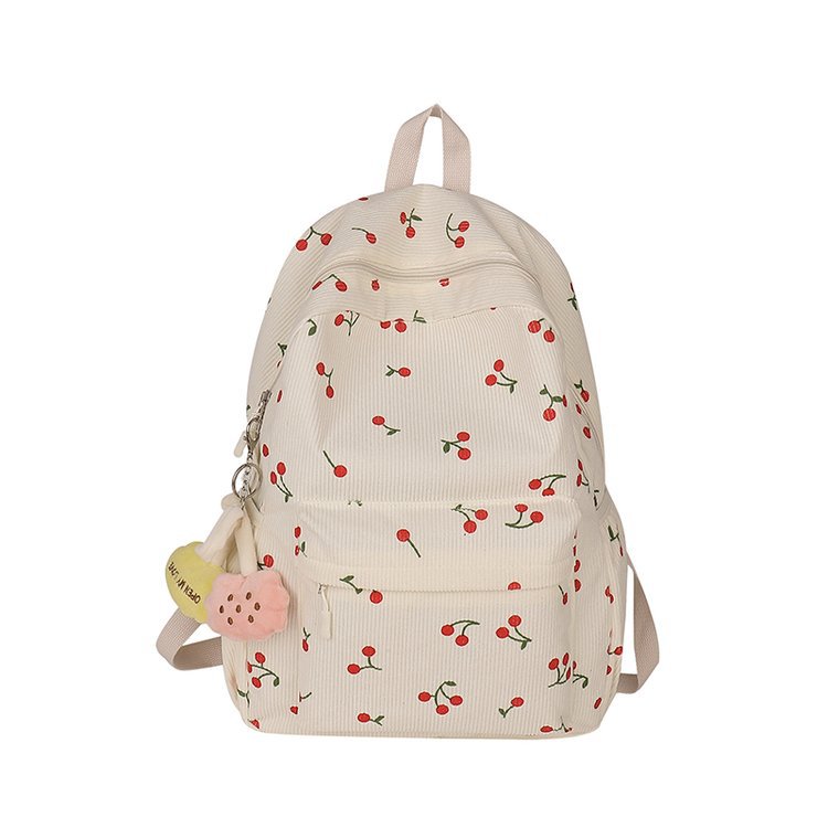 1197g Weight Polyester Lining Material Zipper Closure Type Double Shoulder Straps Strap Type Casual, School, Daily Occasion Corduroy Material Back To School Festival School Backpack Backpack Cherry Pattern All Seasons Season Women's Gender Cute Style Shell Shape Cherry Casual School Daily School Backpack 52