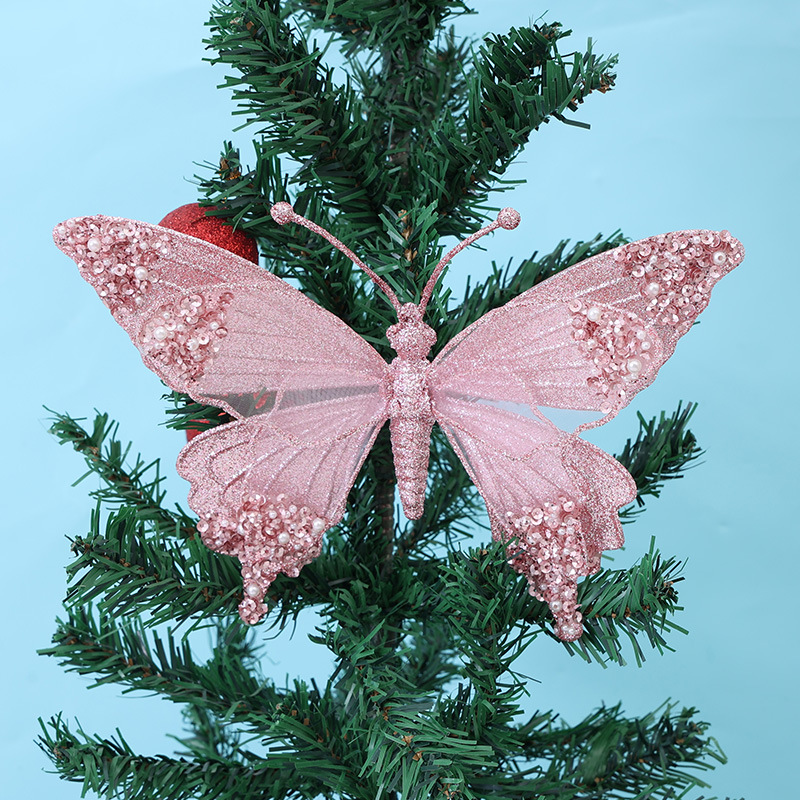 Cross-border Christmas decoration pendant Christmas tree hanging ornaments mesh glitter with diamond belt clip butterfly holiday party arrangement