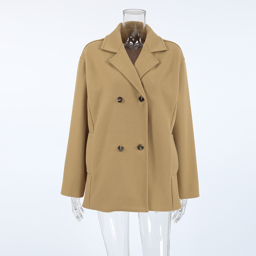 Dames wollen jas halflang bruin met dubbele rij knopen_voghion.com