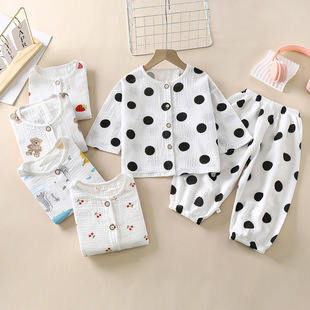 Children's Summer Pure Cotton Double-Layer Soft Gauze Home Clothes Spring and Summer Thin Baby Pajamas Long-Sleeved Air-Conditioned Clothes for Boys and Girls