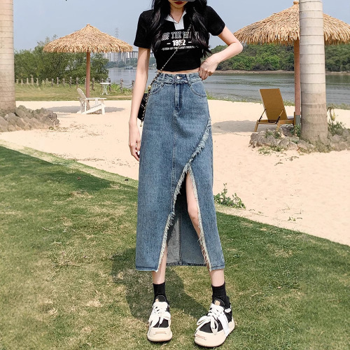 Summer thin high-waisted split denim semi-slip dress with design sense, 2025 retro A-line skirt, body-hugging long dress