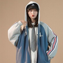 复古开衫外套女潮春秋韩版宽松连帽卫衣原宿风拼接薄款棒球服