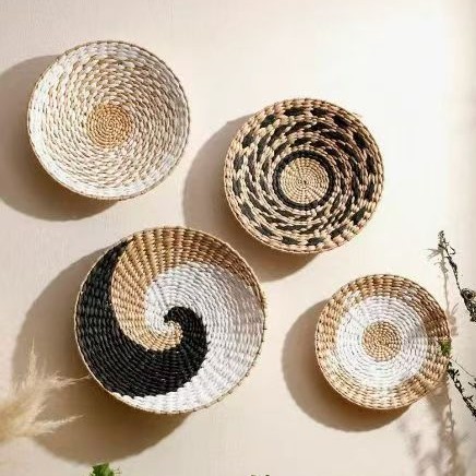 Juego de cesta de pared bohemia, decoración de paja tejida a mano para entrada, sala de estar y B&B, adornos colgantes