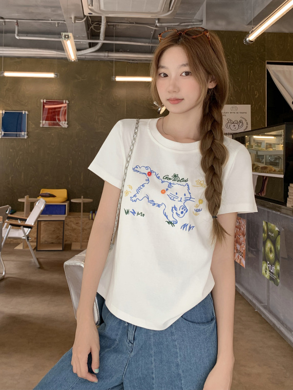 韓国のかわいい猫の刺繍デザイン半袖Tシャツ女性用2025夏の新しいルーズスリムレイジートップ|undefined