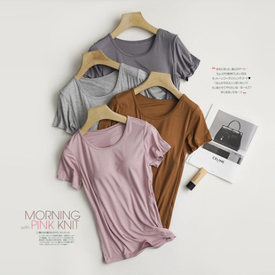 Modal Women's Padded Short-Sleeved Five-Finger Cup All-In-One Half-Sleeved T-Shirt Home Pajamas Cross-Border Manufacturer Wholesale