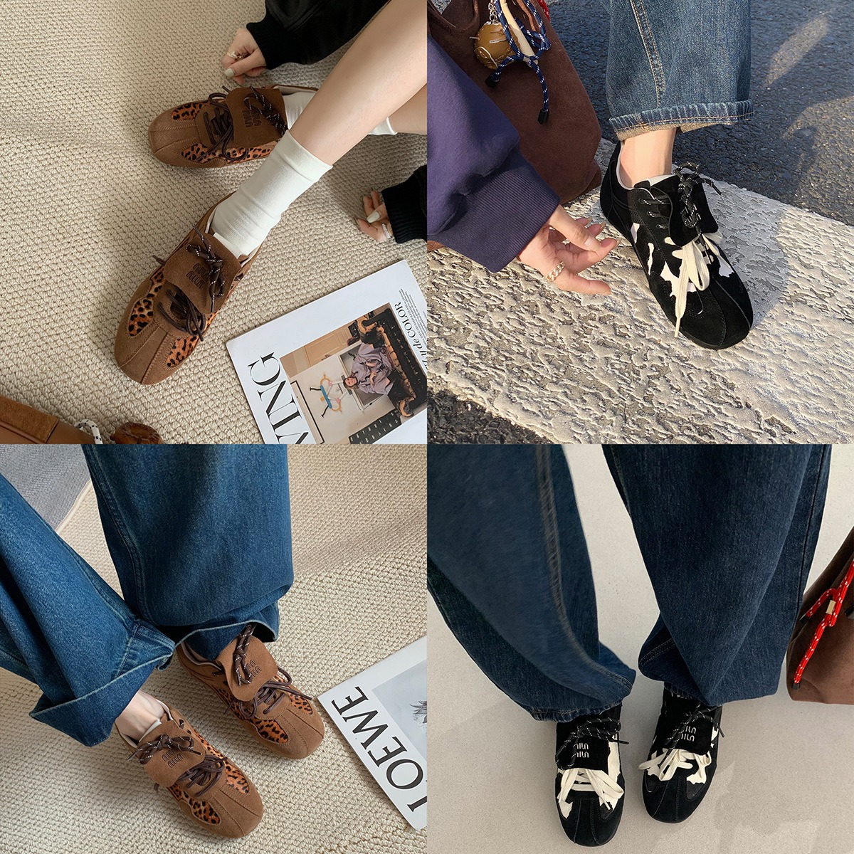 Versión de piel de vaca grapa madre con cabeza redonda retrógrada leopardo diseño de flip correa de cuero zapatos de entrenamiento Agan skate para mujeres