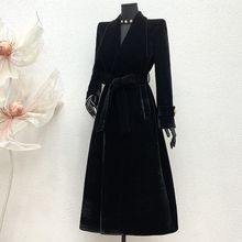 A冬季摆超长款2025大方加厚风衣外套女加棉领字黑色大衣丝绒方格