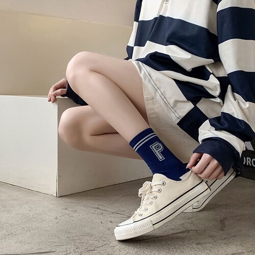 Klein Blue Socks Women's Large MP Letter Medium Socks Spring and Autumn Blue Striped P Stockings Couple Sports Socks