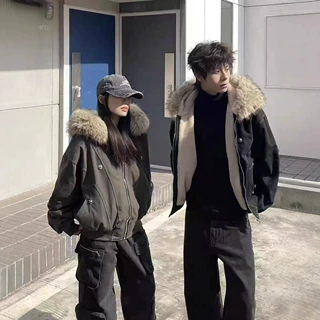 美式潮牌派克服短款棉服女2025秋冬季新款大毛领连帽棉袄加绒外套