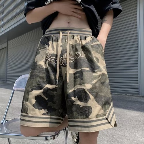 American retro embroidered camouflage denim cargo shorts men's summer fashion brand loose five-point casual basketball sweatpants