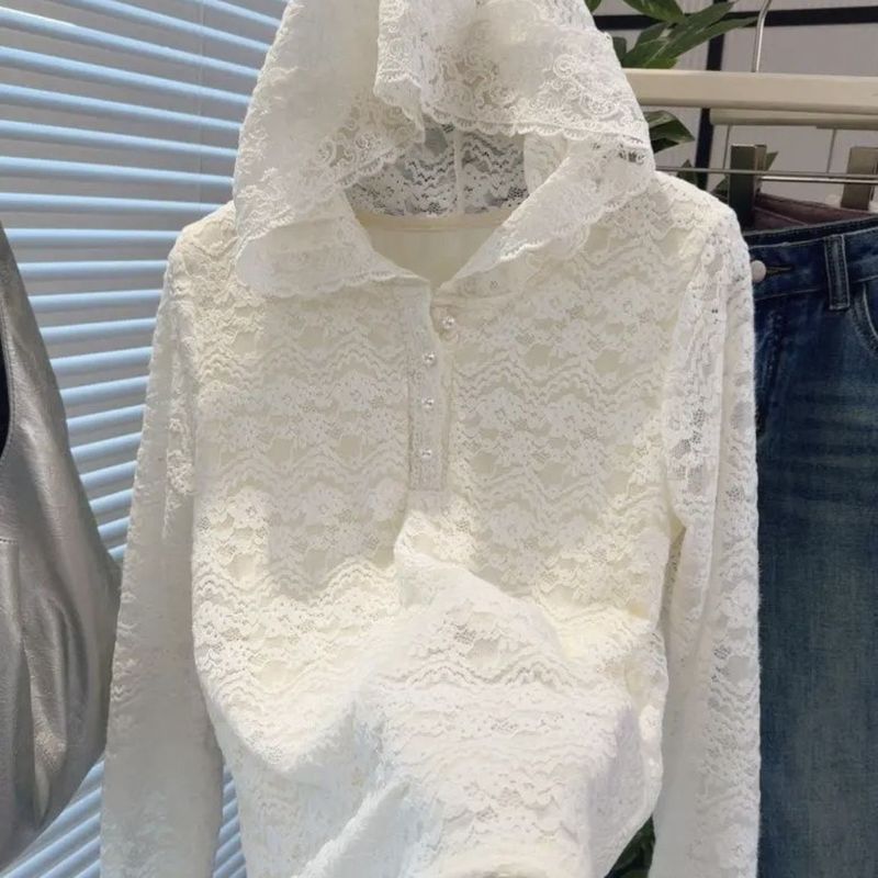 新品感拼接花边连帽蕾丝衫女春秋钩花镂空叠穿打底内搭上衣雪尼尔|undefined