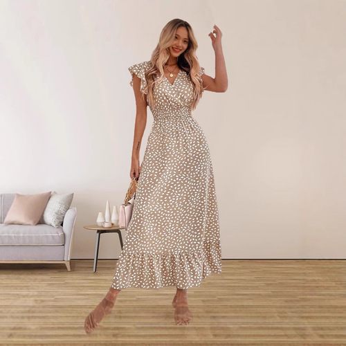 Amazon Cross-Border International Trade European and American Women's Fashion V-Neck Waist-Clinching Long Dress High-Waist Short-Sleeve Dress