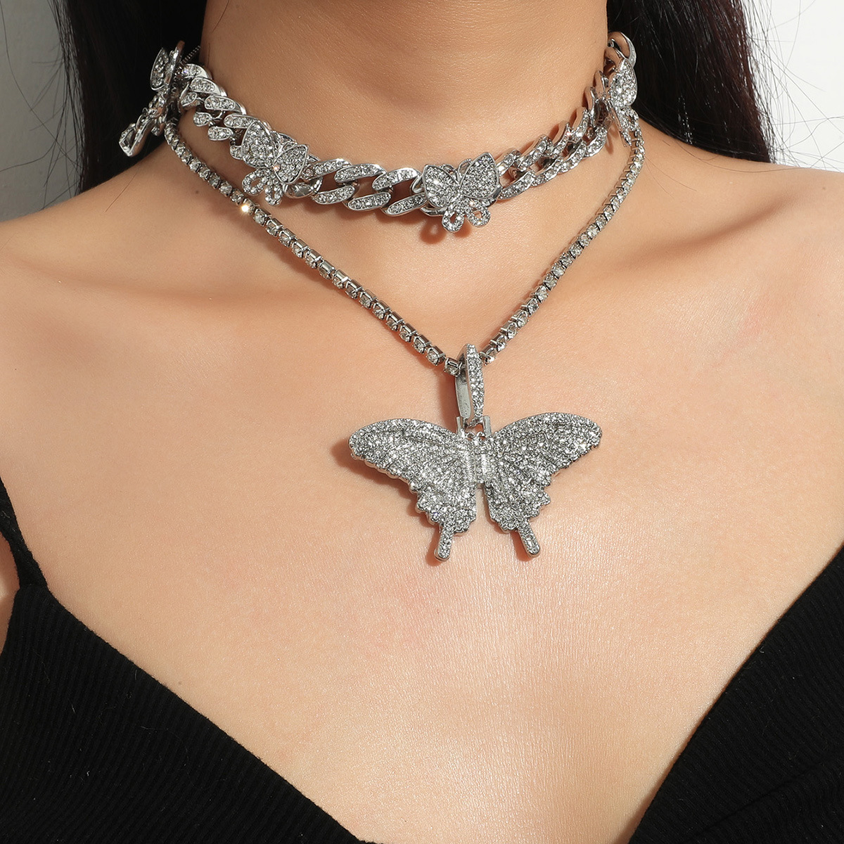 Layered Butterfly Necklace Set With Diamonds Cuban Chain Style_voghion.com