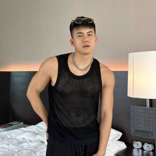 Summer Mesh Hollow Sleeveless Vest Knitwear Men's Sexy Loose Versatile Pullover Vest Bottoming Shirt Trendy