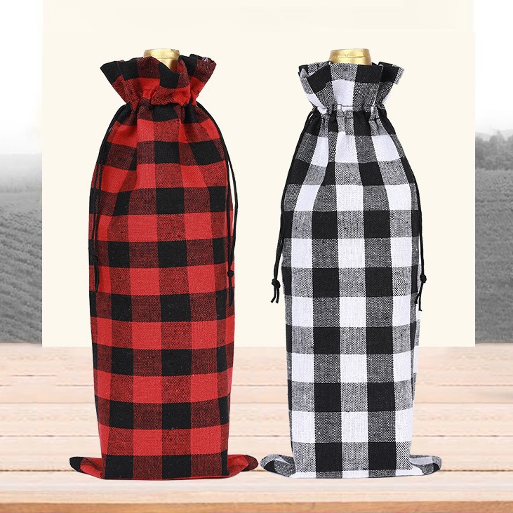 Bolsillo de vinos de Navidad Plaid Set bolsillo de vinos de Navidad bolsillo de algodón bolsillo de botella de vino en stock