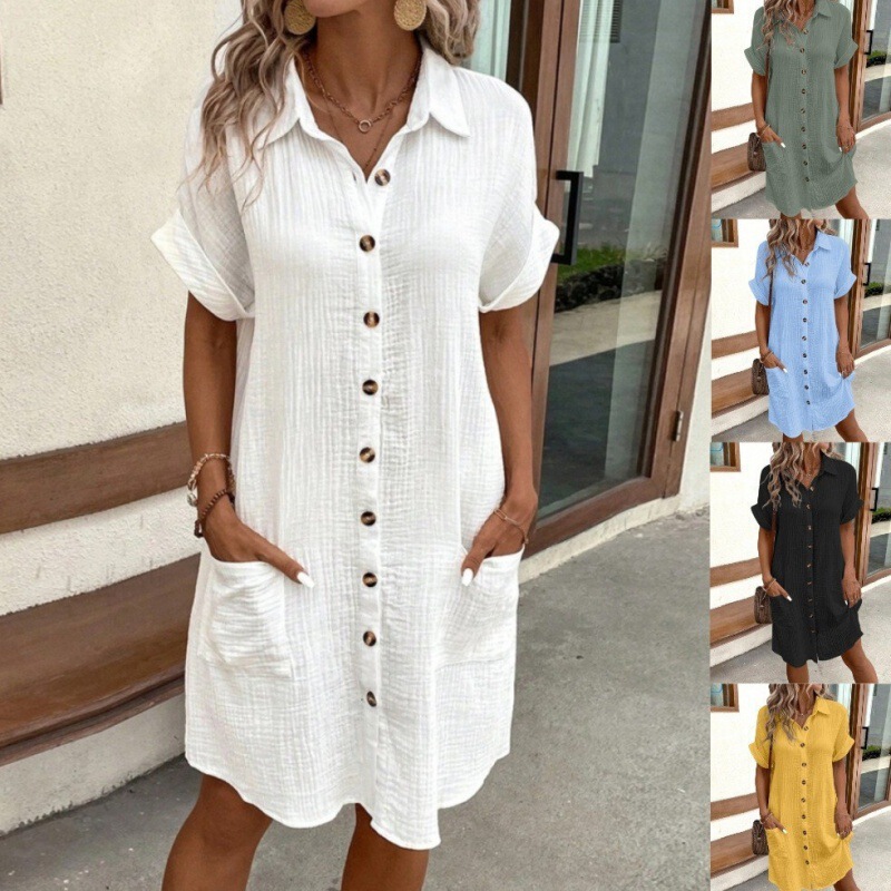 2026 Aliexpress Wish Amazon Hot-Selling Item: Summer Simple V-Neck Button Cotton-Linen Dress Women's Shirt Dress