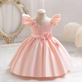 跨境新款缎布礼服裙飞飞袖花朵公主裙小女孩走秀演出服girls gown