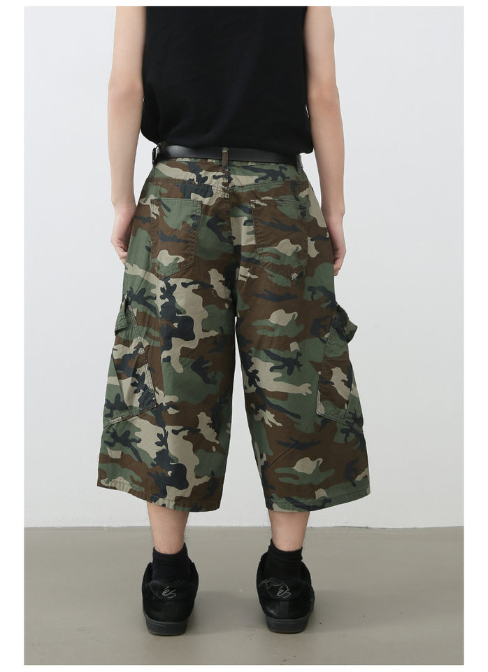 Quần short denim rằn ri nhiều túi ống rộng ống đứng — Rằn ri chi tiết 6