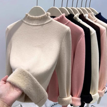 纯色半高领加绒加厚打底衫一体绒毛衣女内搭秋冬针织上衣潮A9080