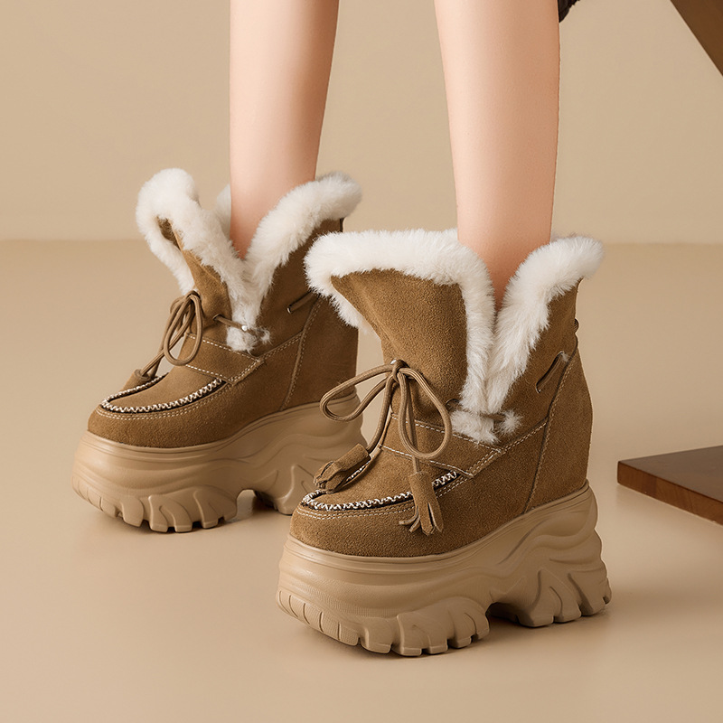 Boot nữ cổ cao ôm bắp chân đế dày 14 cm, chất nhung đen ấm áp — nhung đen