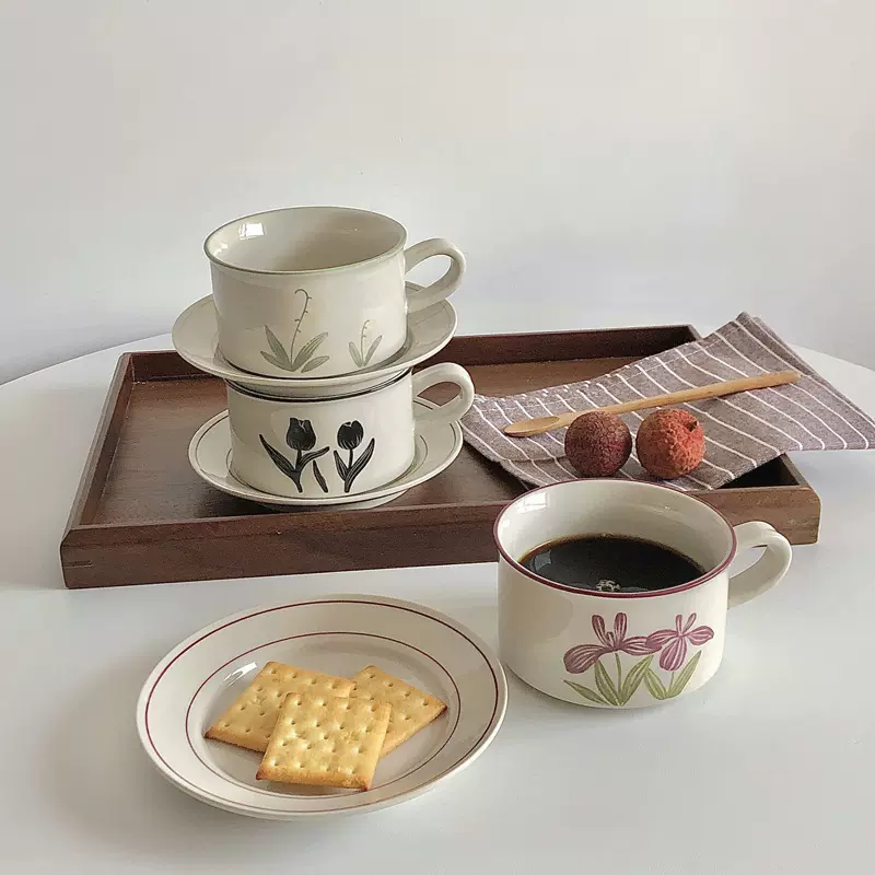 慢如旧-陶土手绘中古风复古陶瓷咖啡杯碟套装下午茶郁金香铃兰花