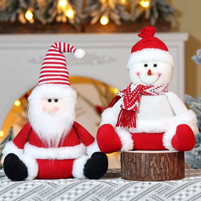 圣诞节公仔装饰品圣诞老人雪人玩偶圣诞针织风红白色坐姿摆件