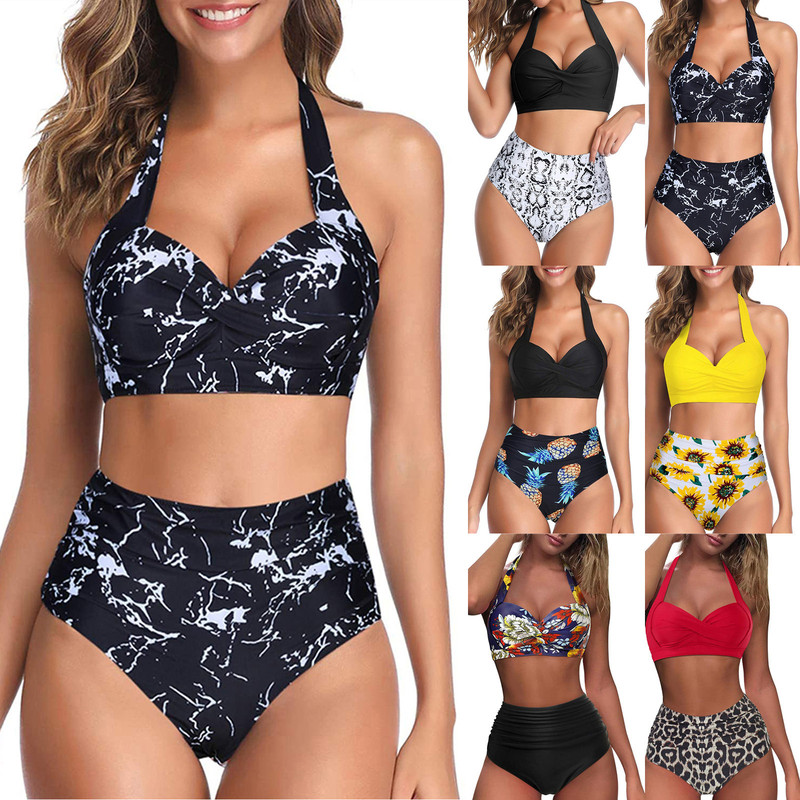 Cross-border 2024 European and American New Bikini Explosions Fashion Sexy Digital Printing High Waist Split Bikini