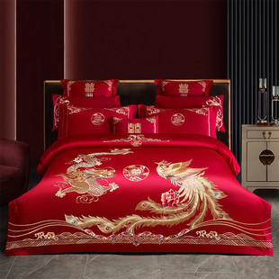 Dt High-End 120-Count Long-Staple Cotton Wedding Four-Piece Set Pure Cotton Embroider Wedding Big Red Dragon and Phoenix Festive Bed Use