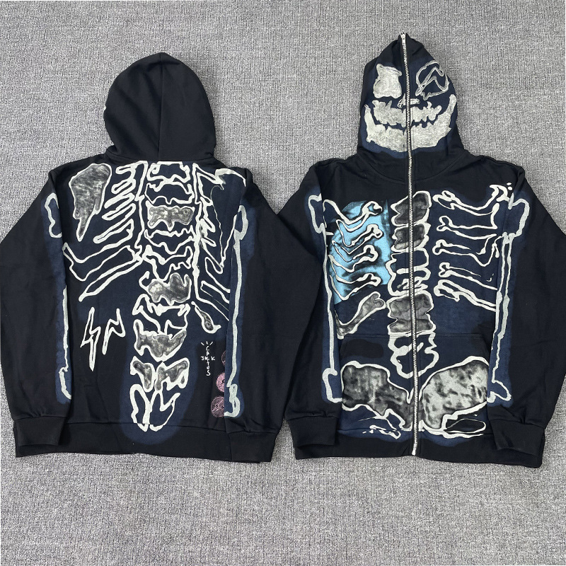 Travis Scott Co-Name Hiroshi Fujiwara TS Skull Loose Hooded Cardigan Sweater Zipper Coat Hoodie for Men and Women