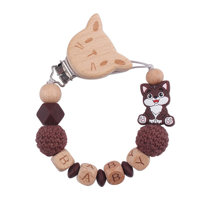 Nuevo bebé gato clip de chupeta de madera de haya dibujos animados juguetes de silicona para gatos calmar bebés chupeta cadena anti-caída cadena