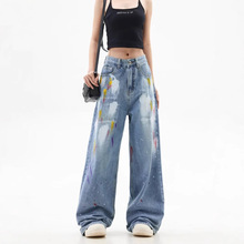 明星同款设计感涂鸦泼漆牛仔裤男女2024新款百搭直筒宽松长裤情侣