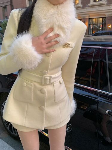 Fox Fur Inspired Snow Princess Women's Winter High-Waisted Short Shorts Set with Plush Coat